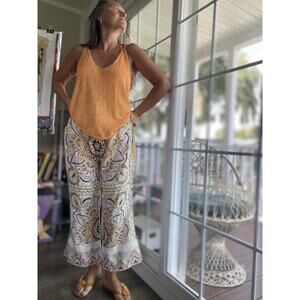 Zara Linen Blend Abstract Paisley Mini Flare Pants Boho Hippie Women's Size XL